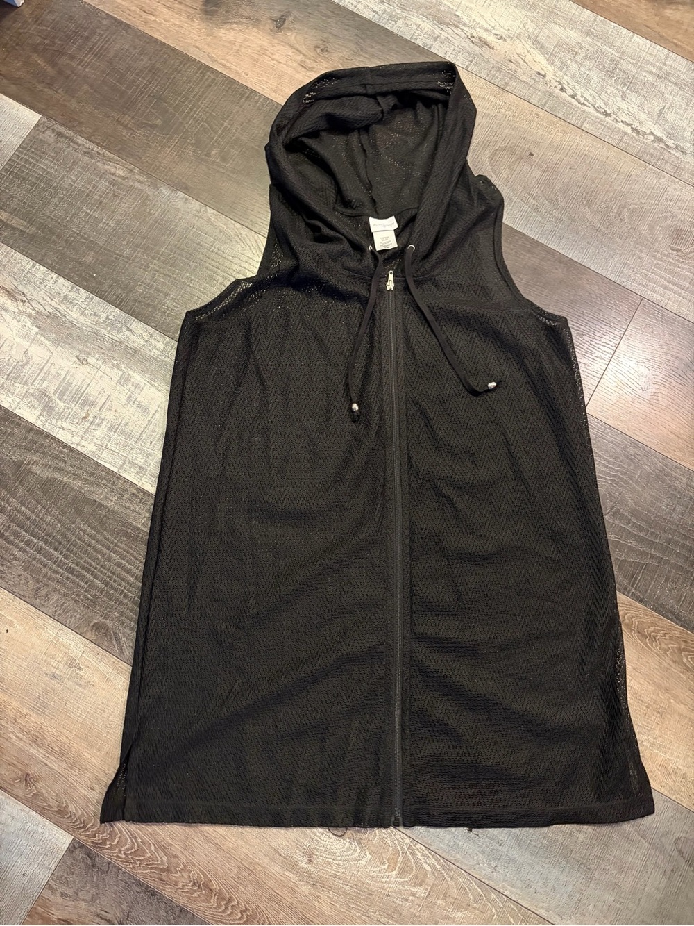 Jaclyn Smith XL Black Open Knit Hooded Swimsuit Cover Up Full Zip